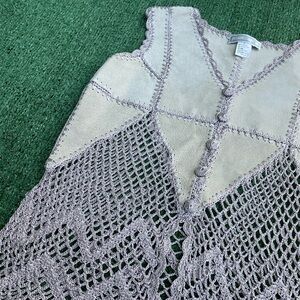 Thrifted grey-ish white leather vest with crochet detailing.